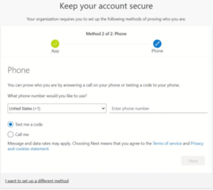 A screenshot showing the prompt to enter a phone number and choose between "Text me a code" or "Call me"