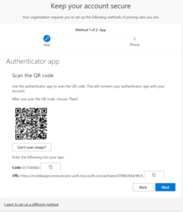 A screenshot showing the QR code displayed on the computer screen used to link the Microsoft Authenticator app