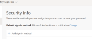 A screenshot of the mysignins.microsoft.com/security-info portal showing the completed MFA methods and the "Add sign-in method" button